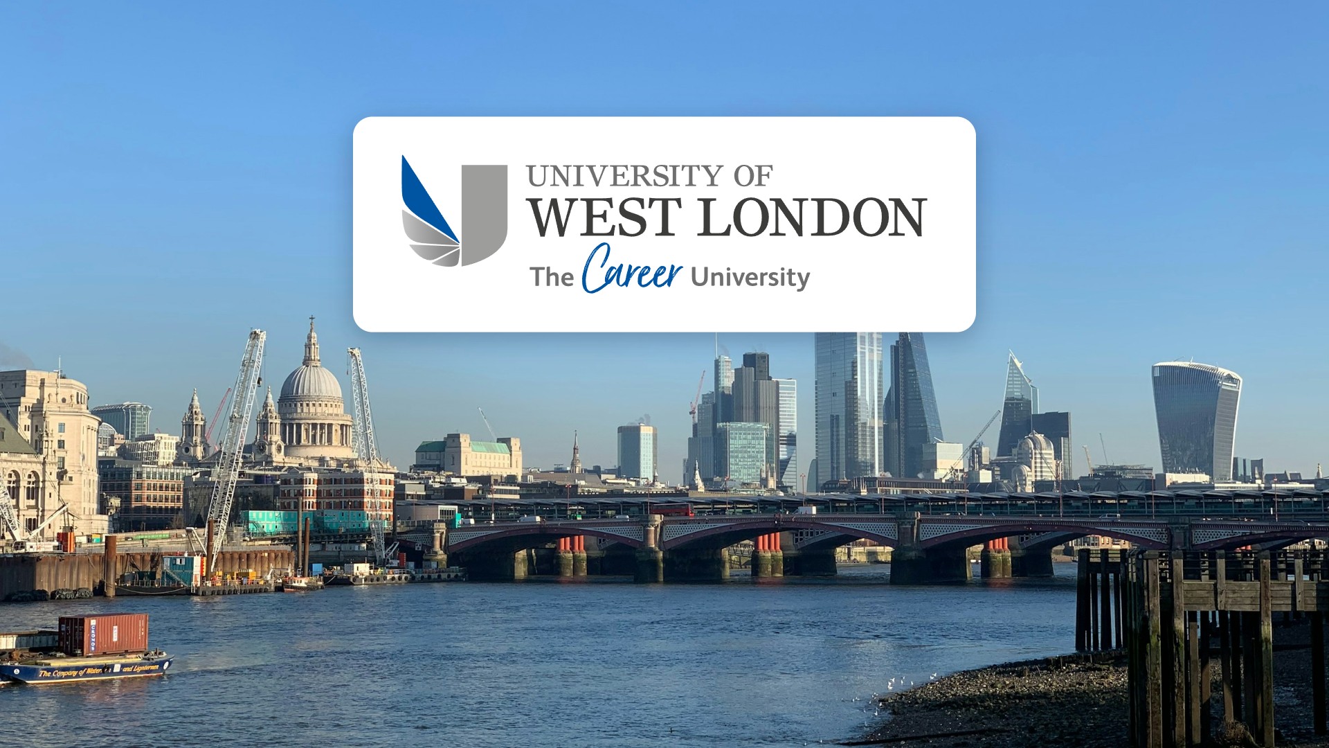 University of West London logo over a sunny view of the London skyline and the River Thames